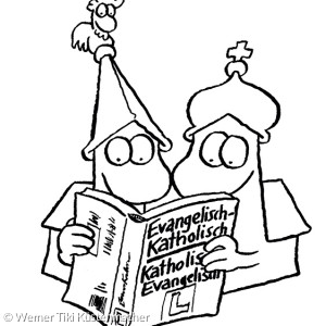 Zwei Comicfiguren mit einem spitzen Kirchturm und einem Zwiebelkirchturm schauen in ein Buch